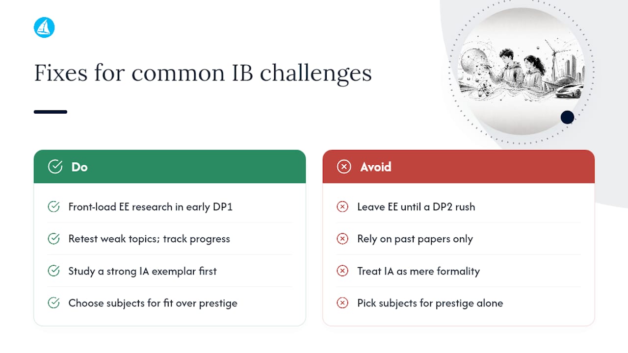 Common challenges IB students face preparing for engineering, and fixing them — overview diagram