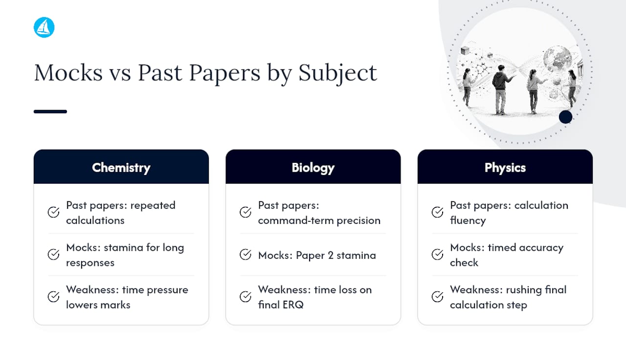 Do mocks and past papers work differently across science subjects? — overview diagram