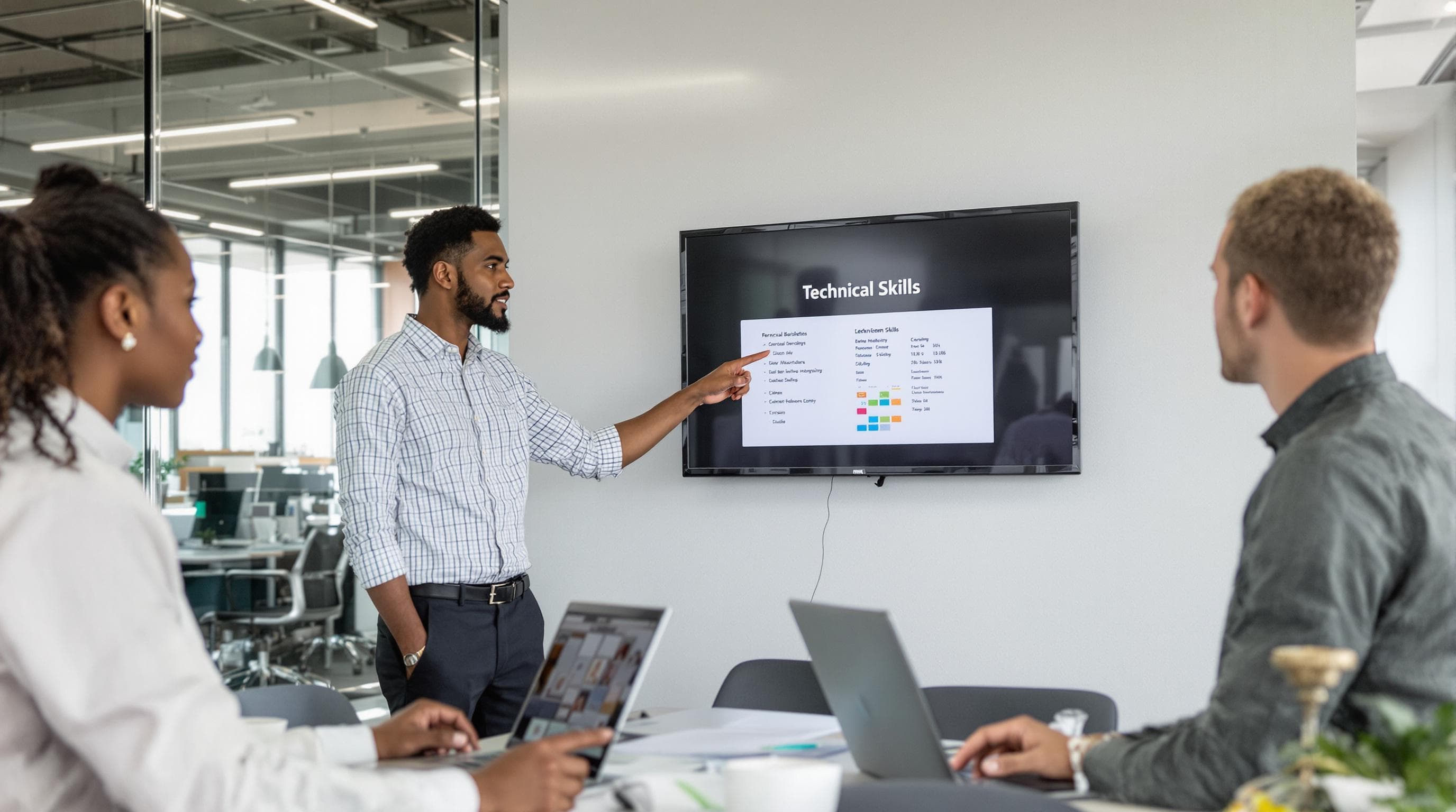 Sports event planning team collaborates with tech and whiteboard