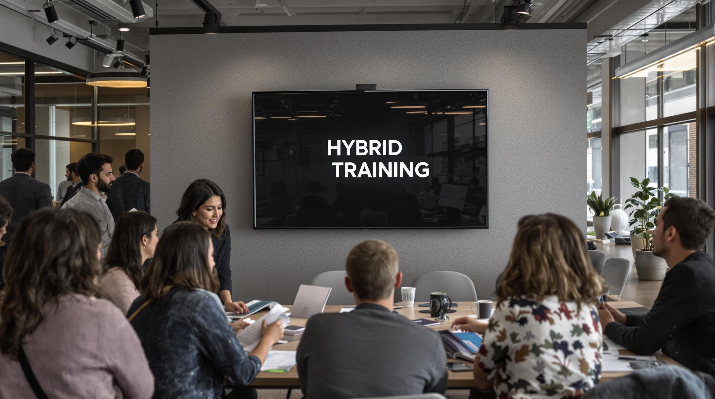 Professionals collaborating in-person and online in a hybrid event training environment