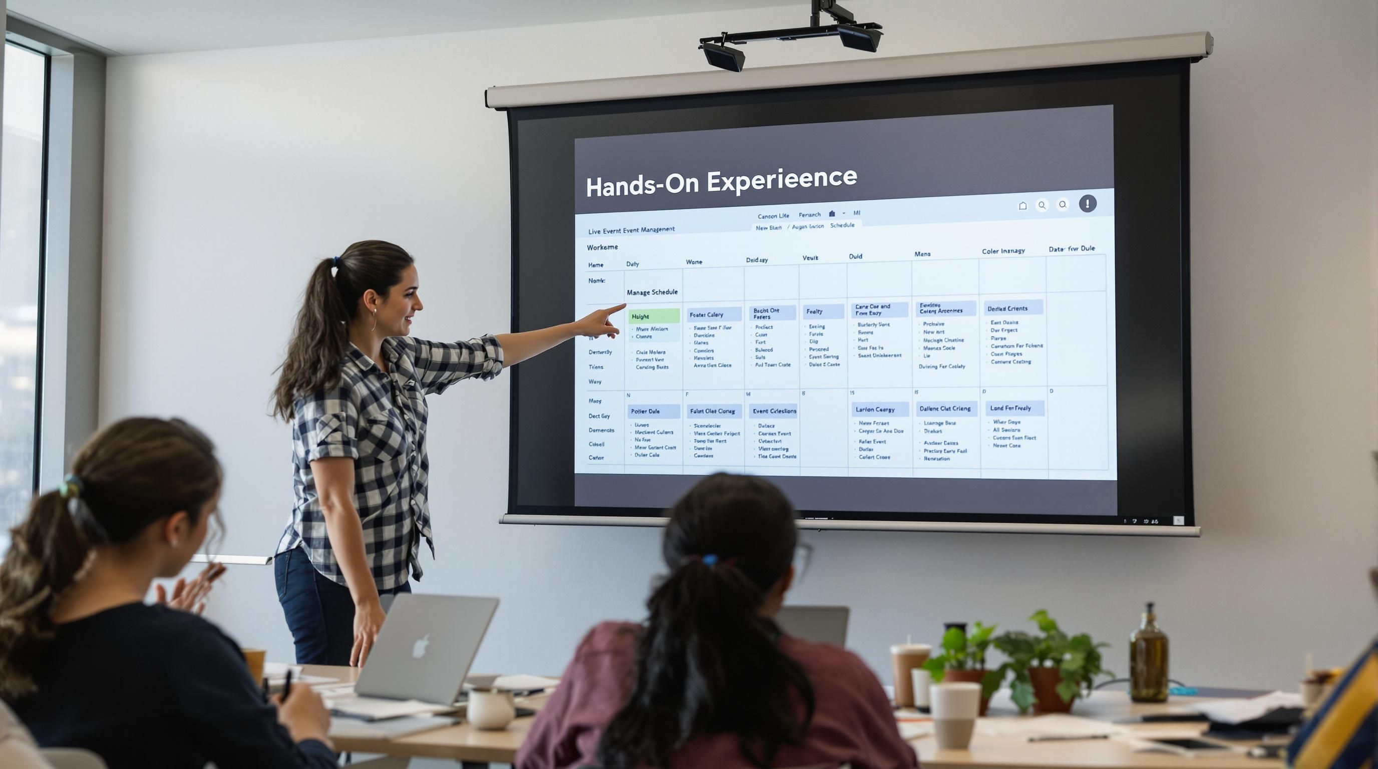 Students collaborating on event plan, screen says 'Hands-On Experience'