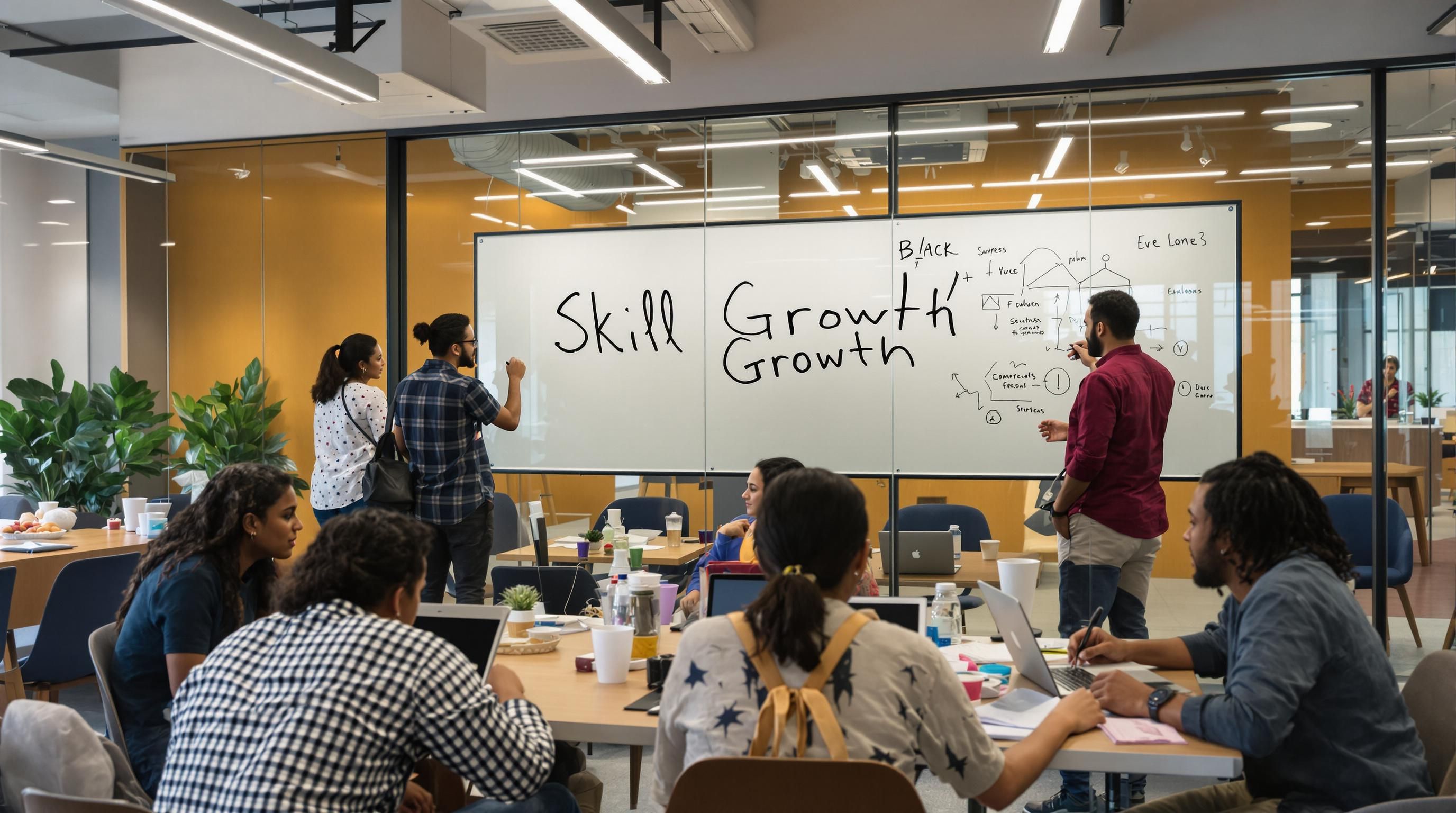 Team collaborating at a hackathon with 'Skill Growth' written on glass wall