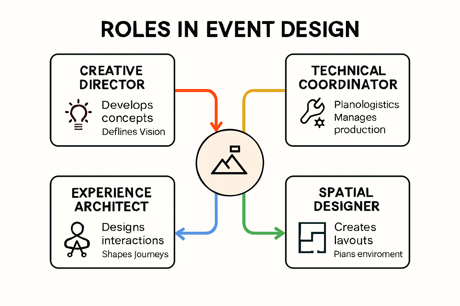 Event design roles and responsibilities workflow infographic