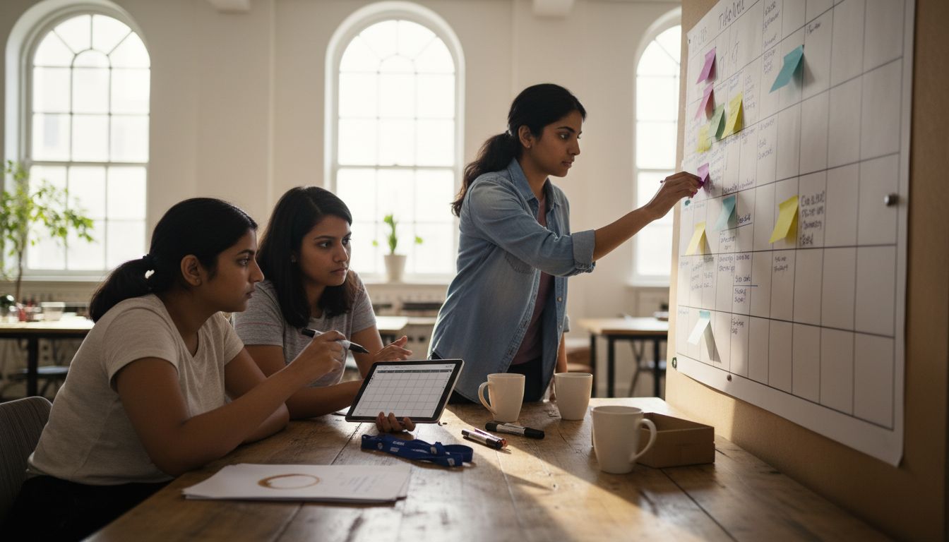 Team working on timeline wall board