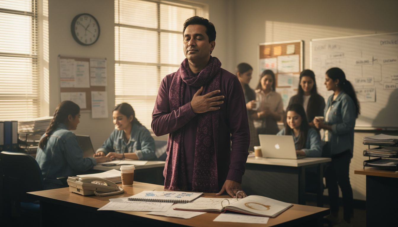 Event manager pausing for mindful practice