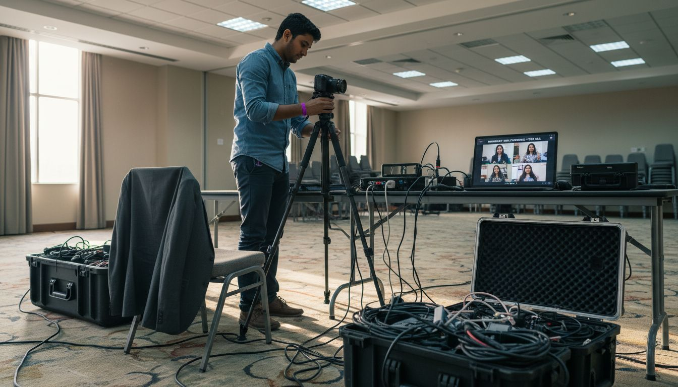 Technician conducts hybrid event technology rehearsal