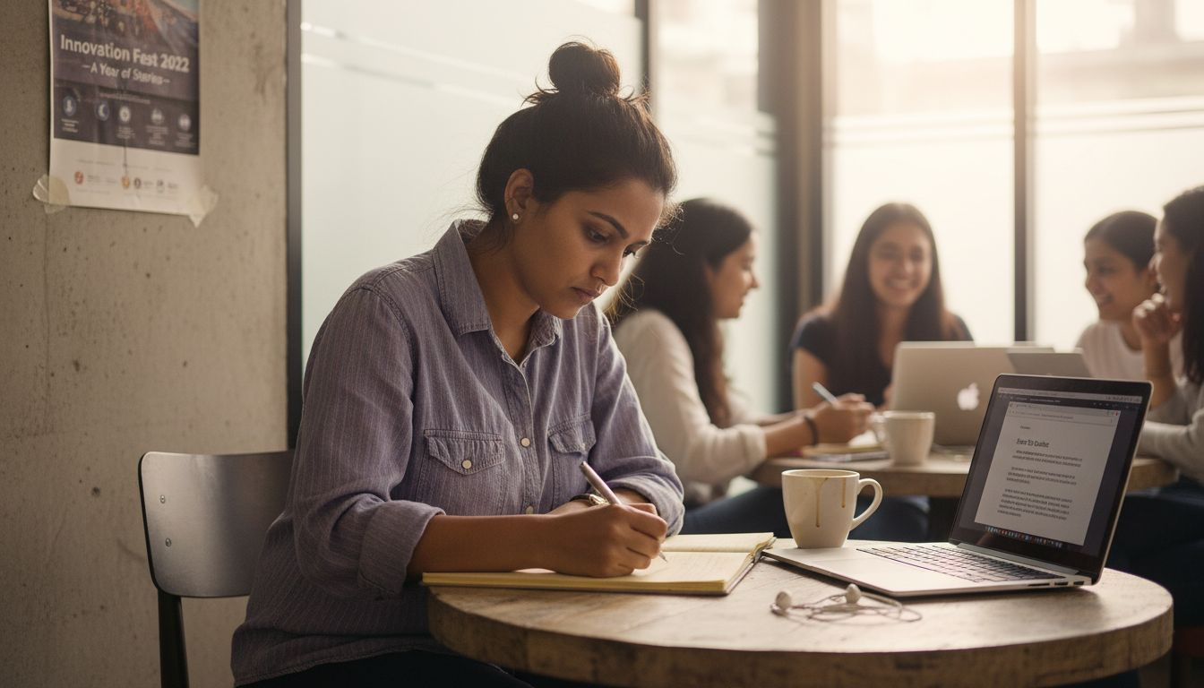 Copywriter editing event story at table