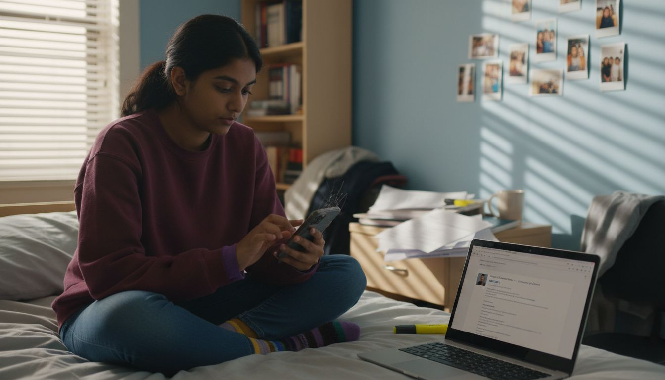 Student updating professional profile on bed