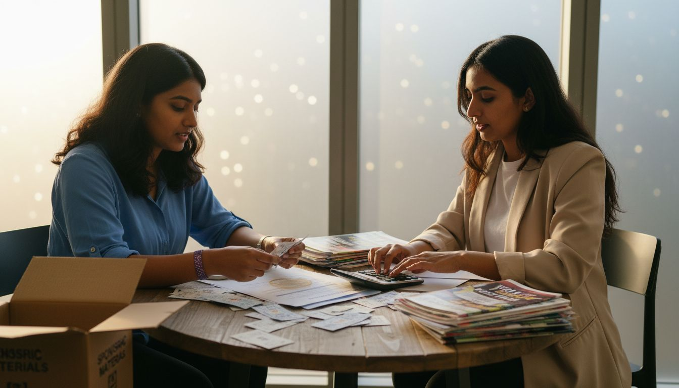 Team calculating event revenue in meeting