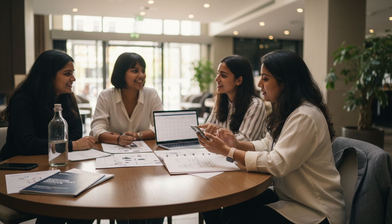 Small group networking at hotel lobby table