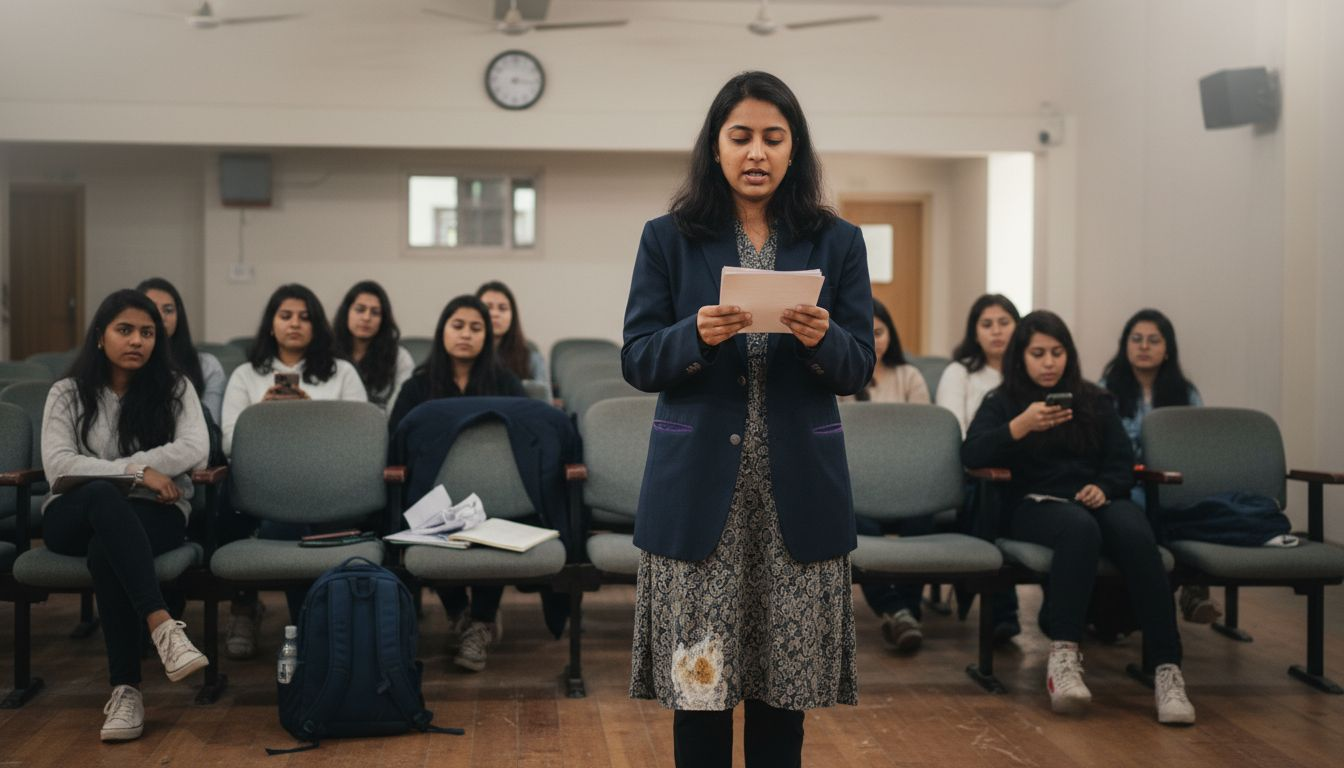 Woman rehearsing public speaking on stage