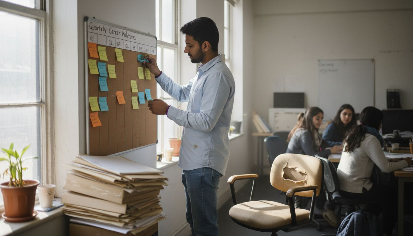 Event manager updating timeline on corkboard