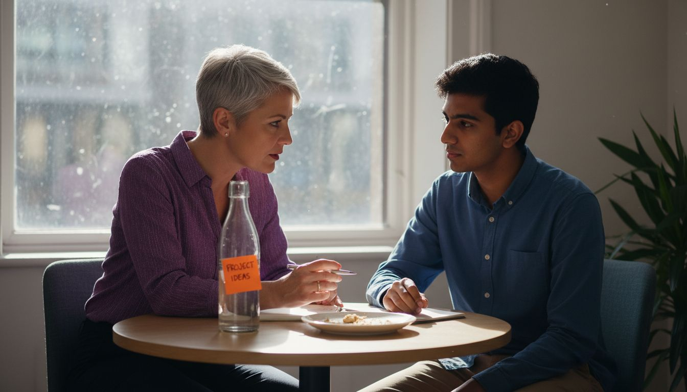 Manager giving feedback to intern break room