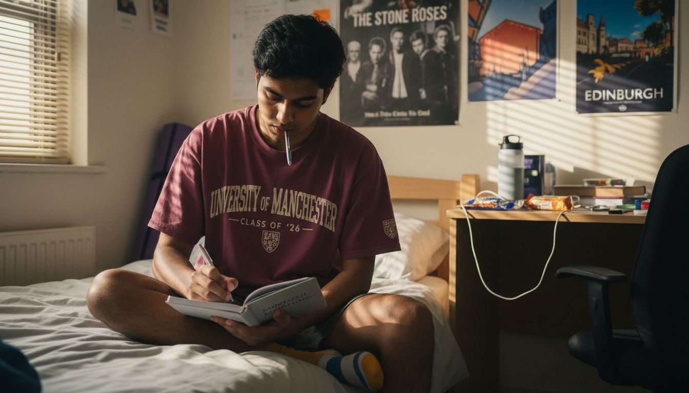 Student writing wellness journal in dorm room