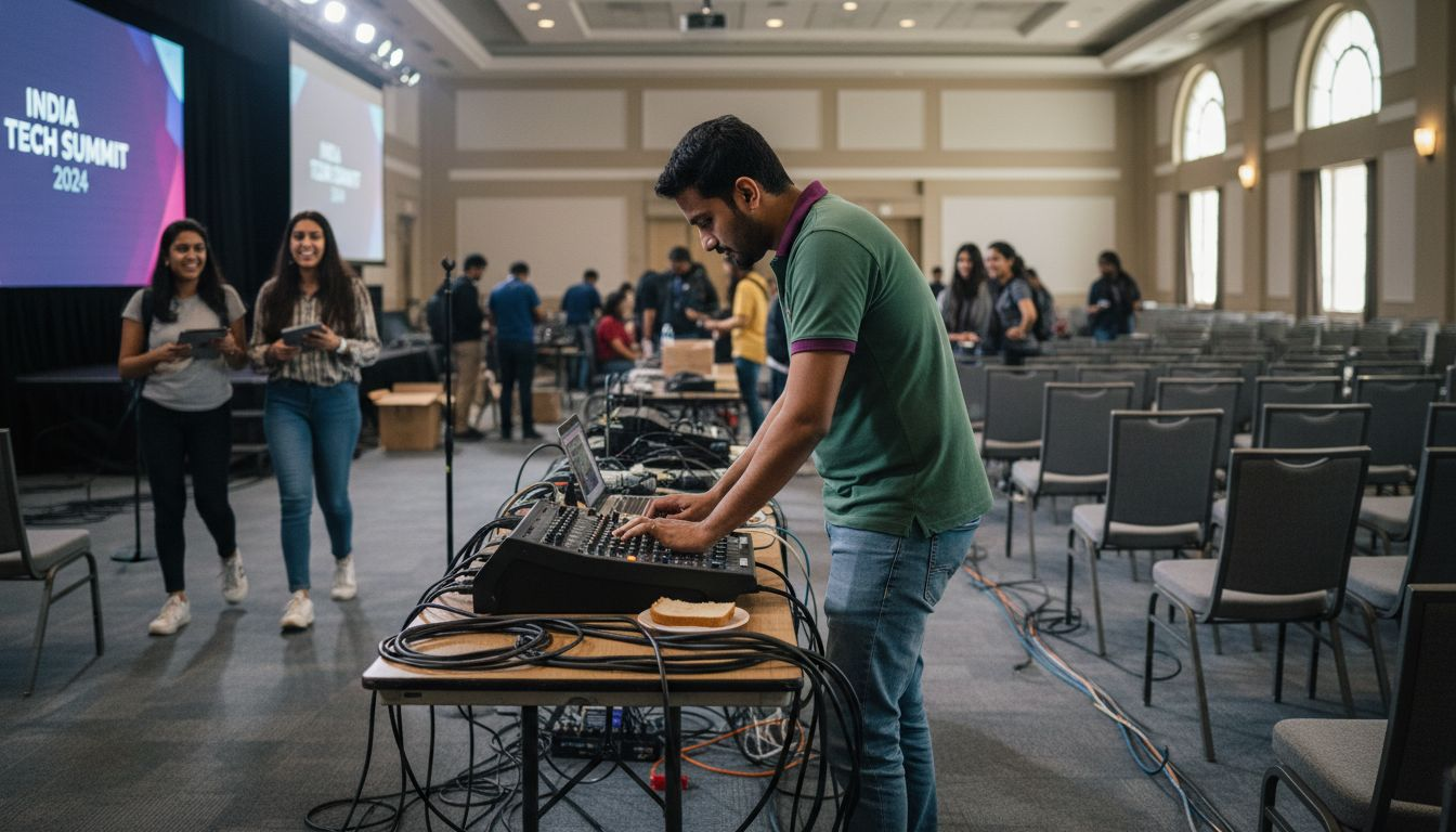 AV technician setting up conference hall