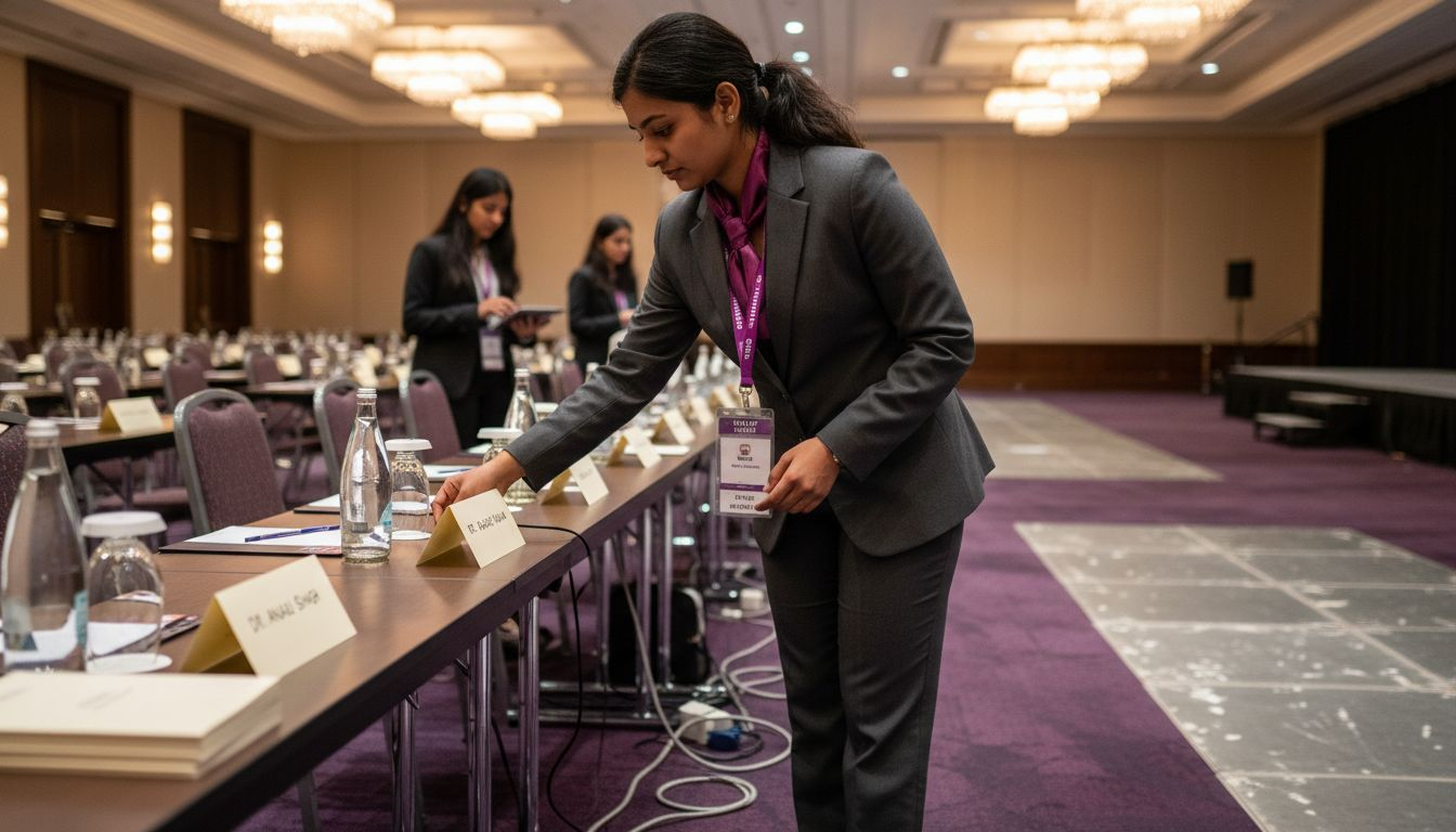 Coordinator preparing hotel conference tables