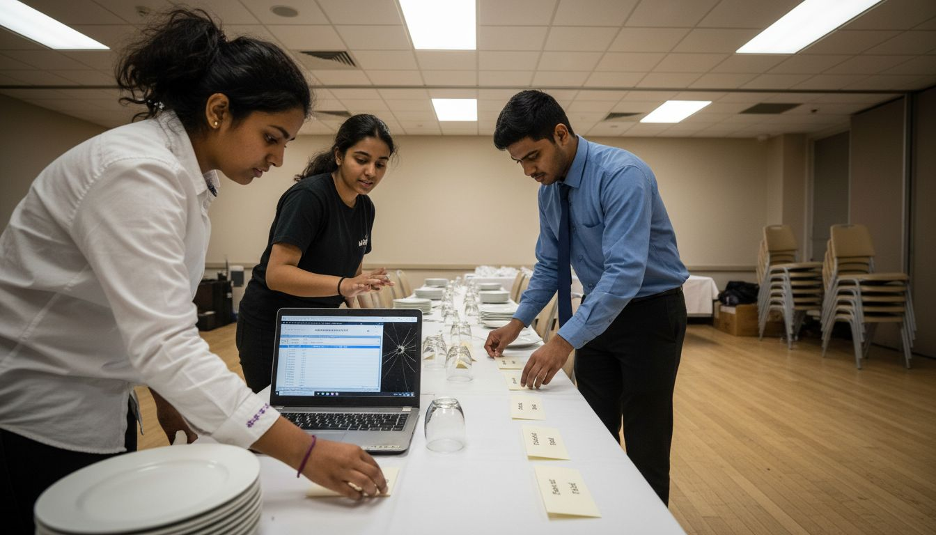 Trainees preparing conference table scene