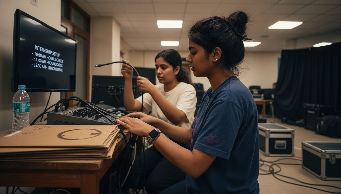 Students preparing live event internship setup