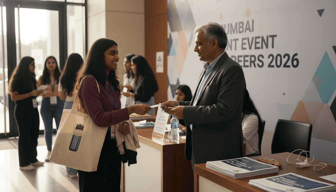 Young woman networking at event registration booth
