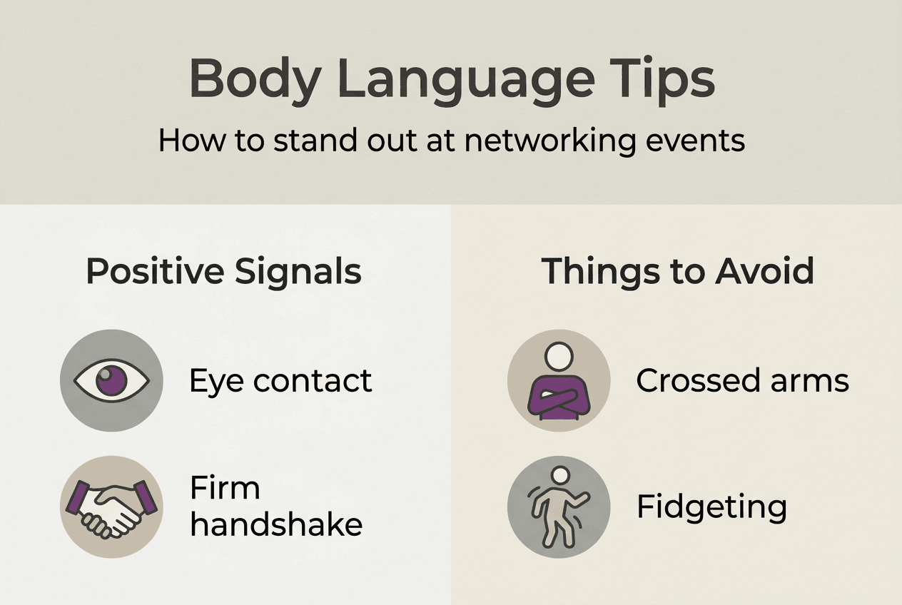 Infographic showing body language networking tips