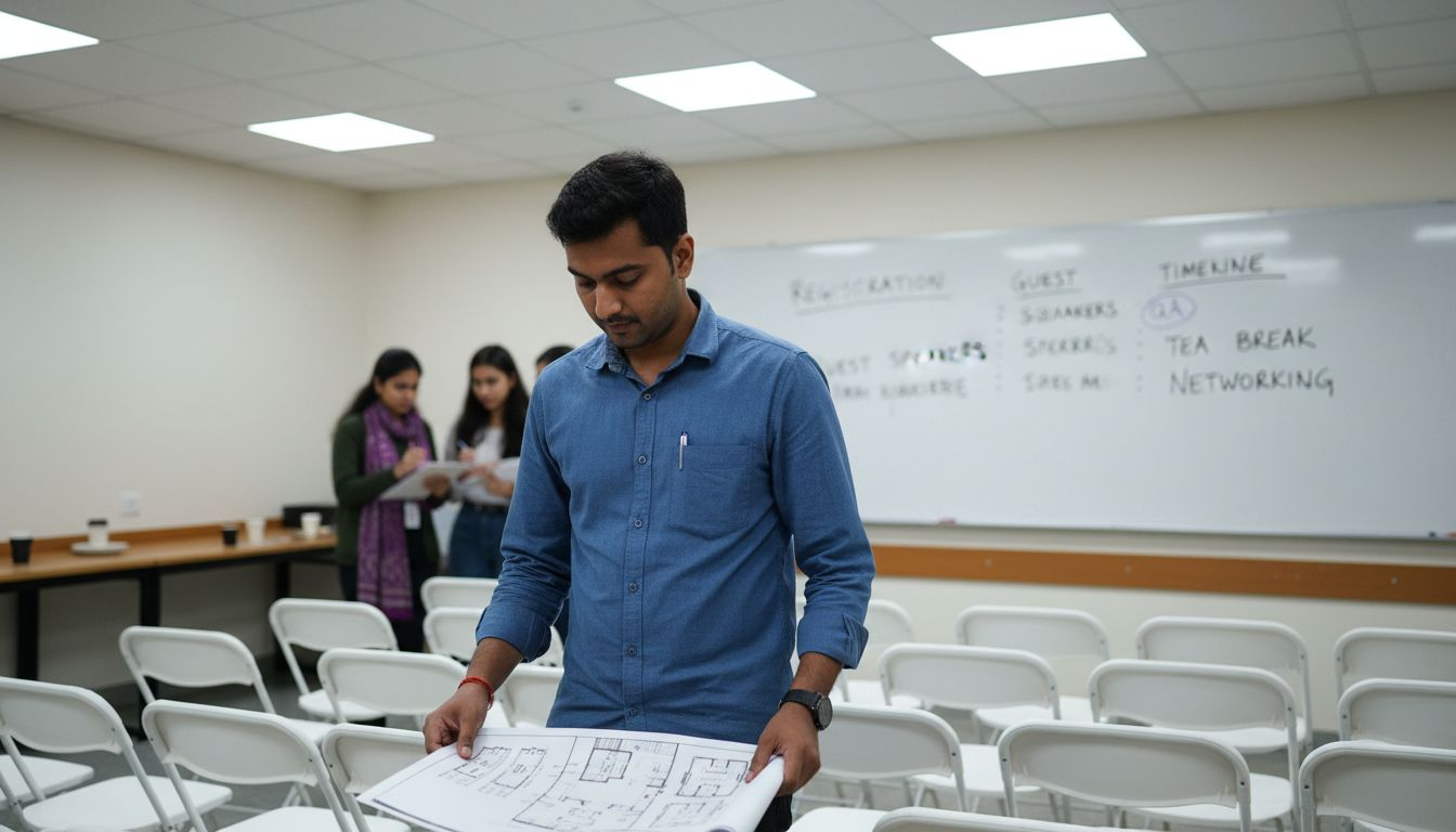 Event management student arranging classroom chairs