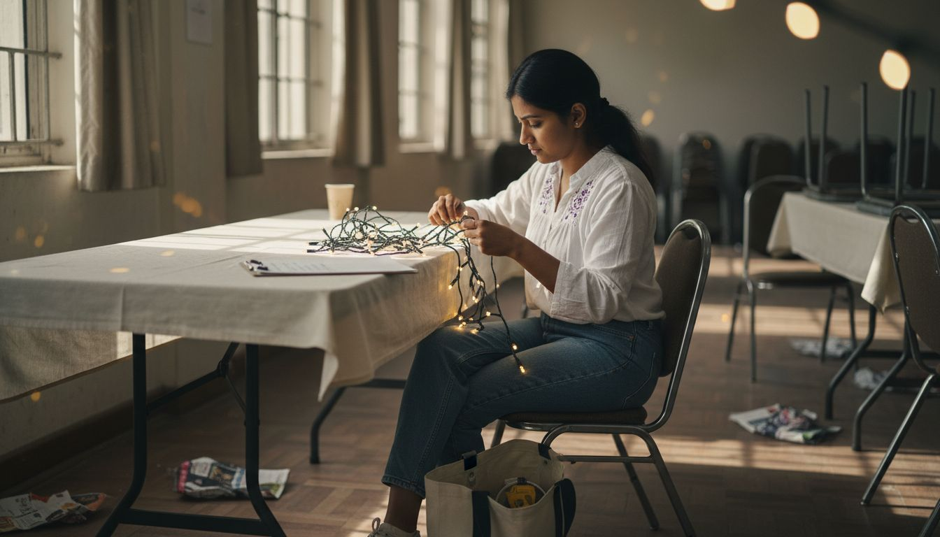 Trainee practicing event setup indoors