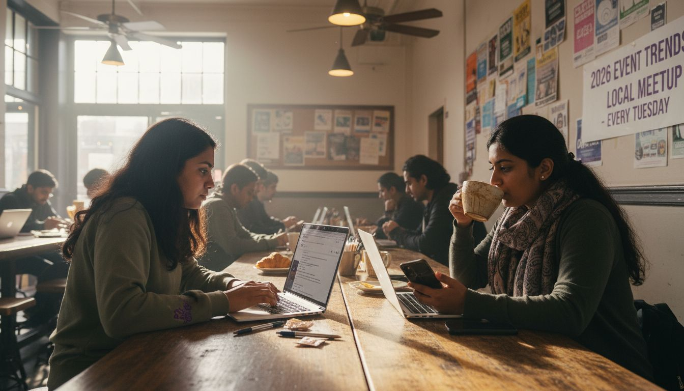 Indian professionals networking at busy café table