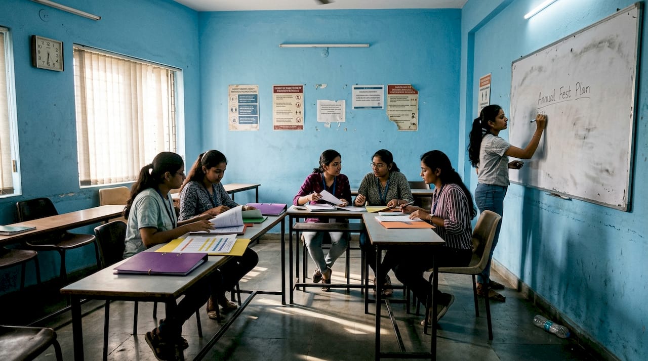 Students collaborating on event management project