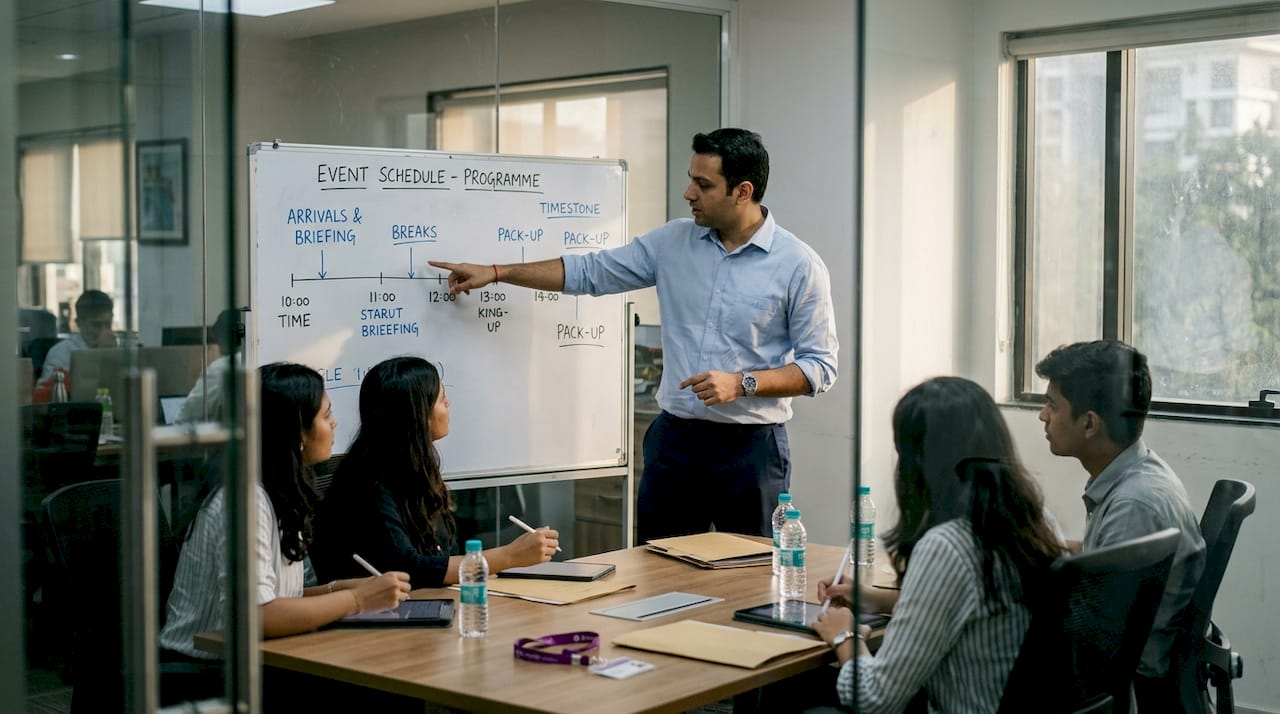 Event manager presenting to small team