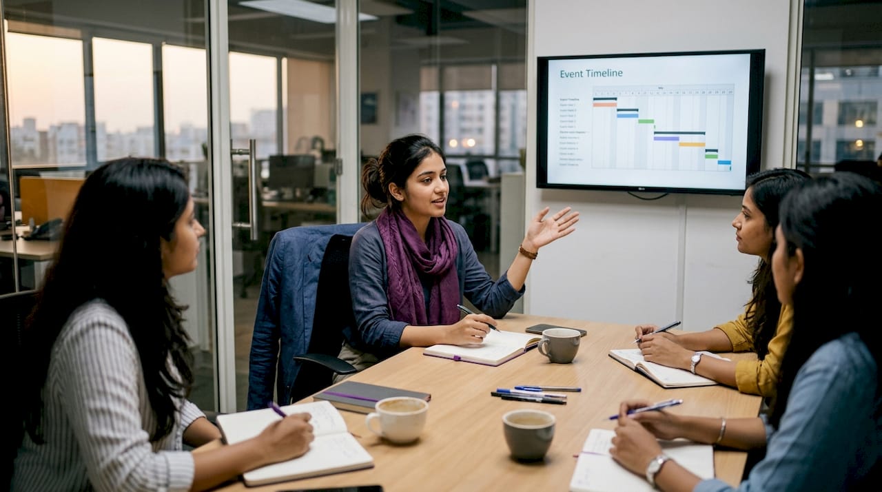 Manager discussing event timeline with team
