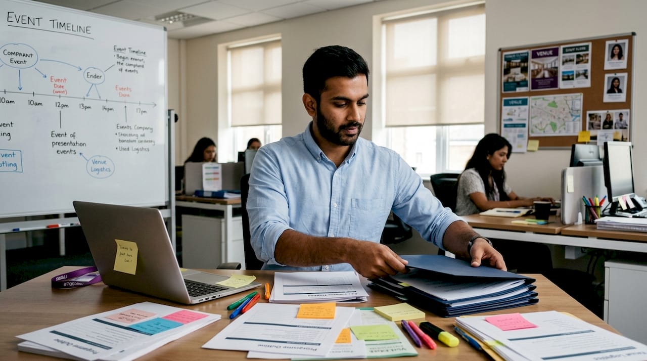 Coordinator preparing event folders in office setting
