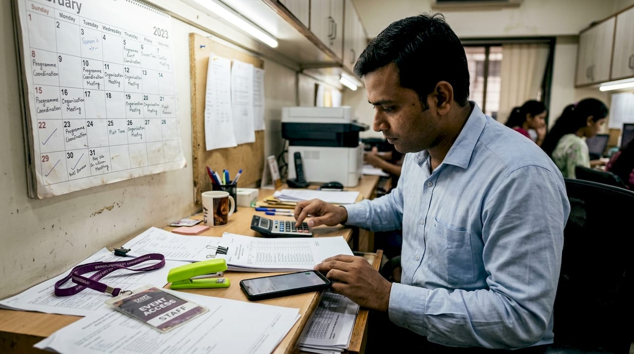 Event manager checking graduate placement documents