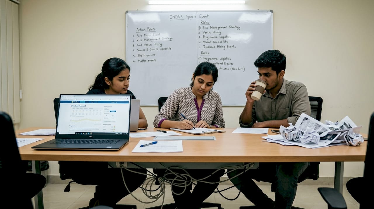 Team discussing sports event logistics and risks