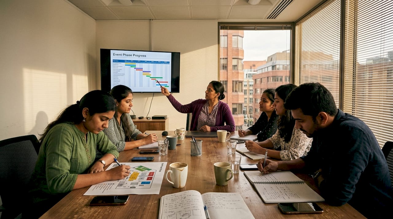 Team discussing event phases and timeline