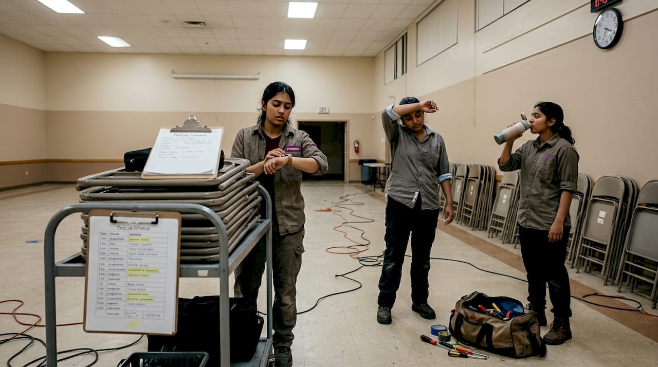 Event staff working overtime during setup