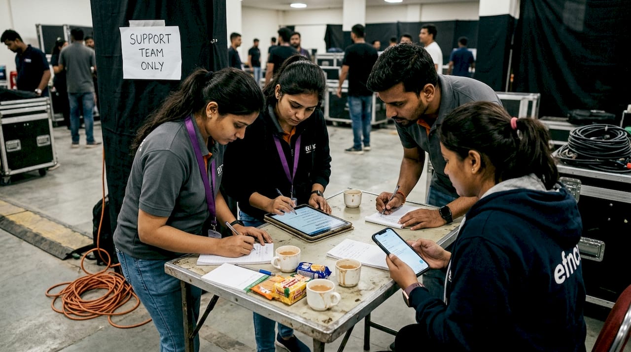 Support team collaborating with translation app