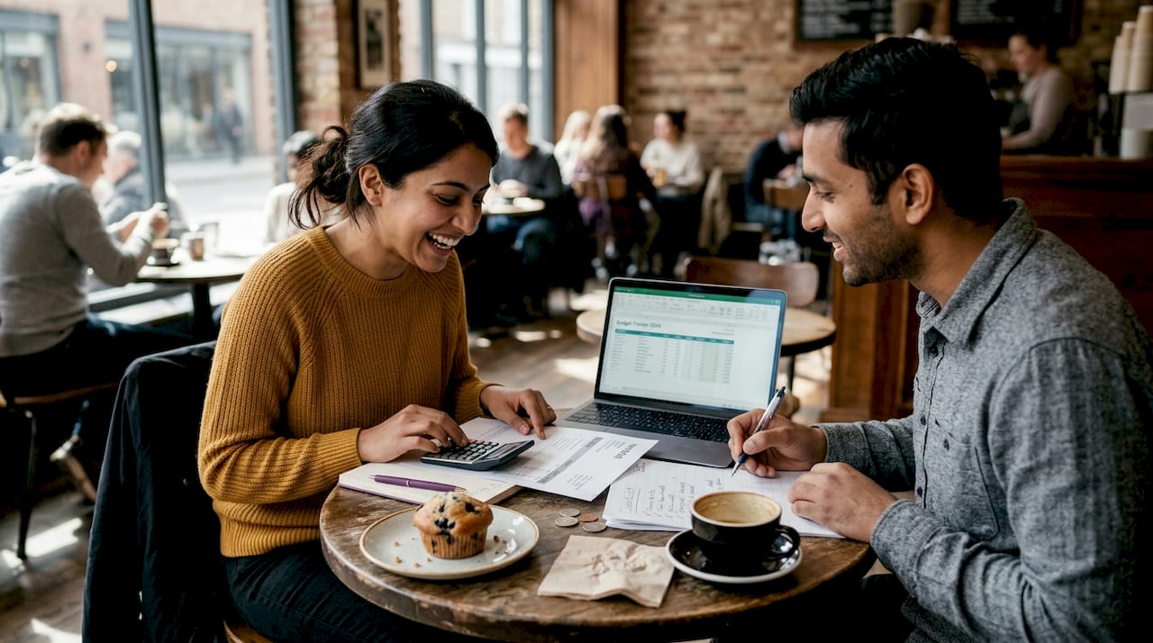 Couple discussing wedding budget at café table