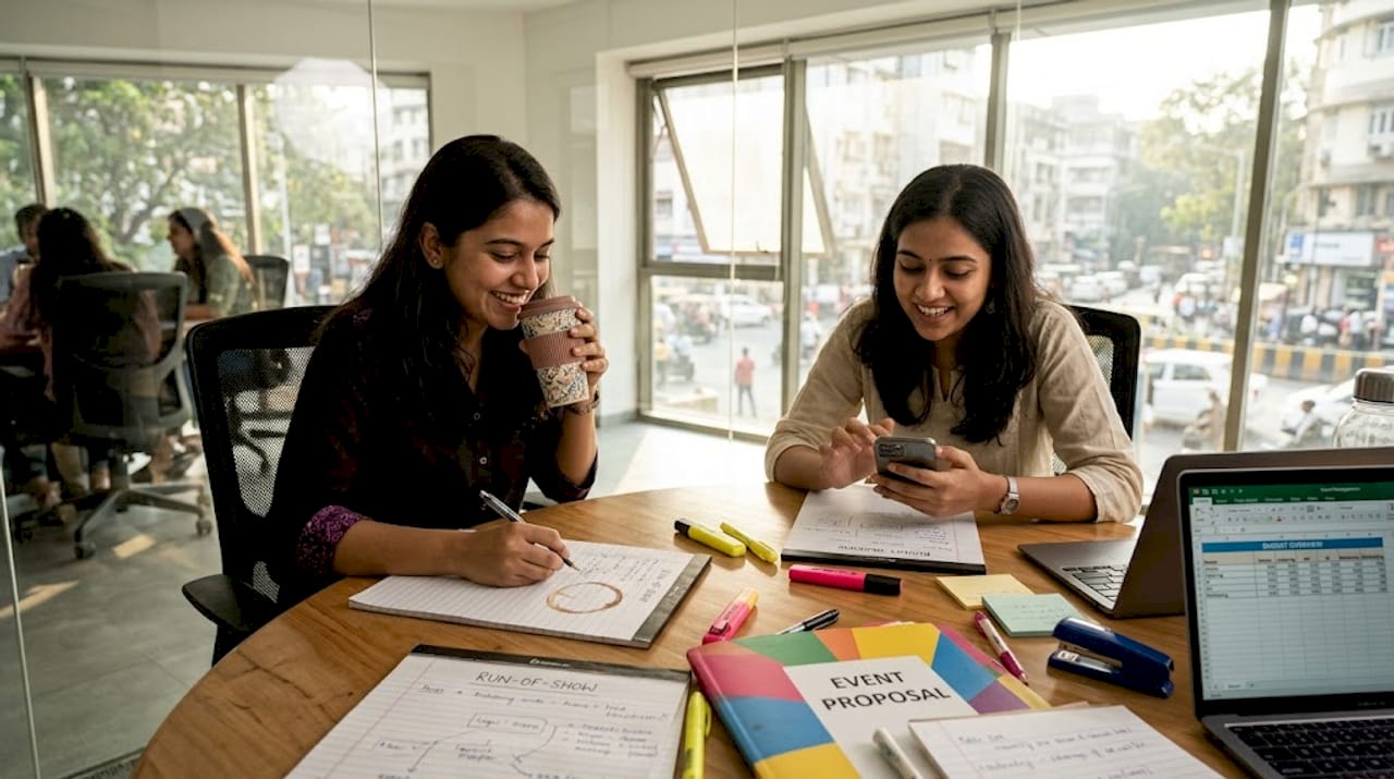 Team planning media event with paperwork and devices