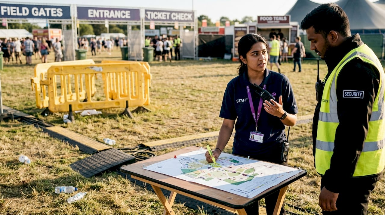 Safety coordinator manages crowd flow at event entrance