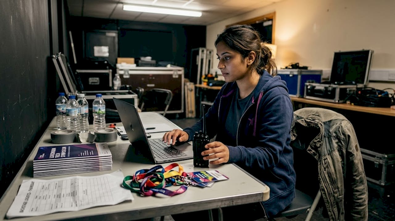 Backstage event manager multitasking with laptop