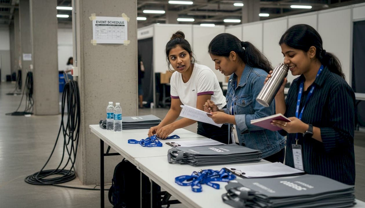 Interns assembling kits backstage at Bangalore event