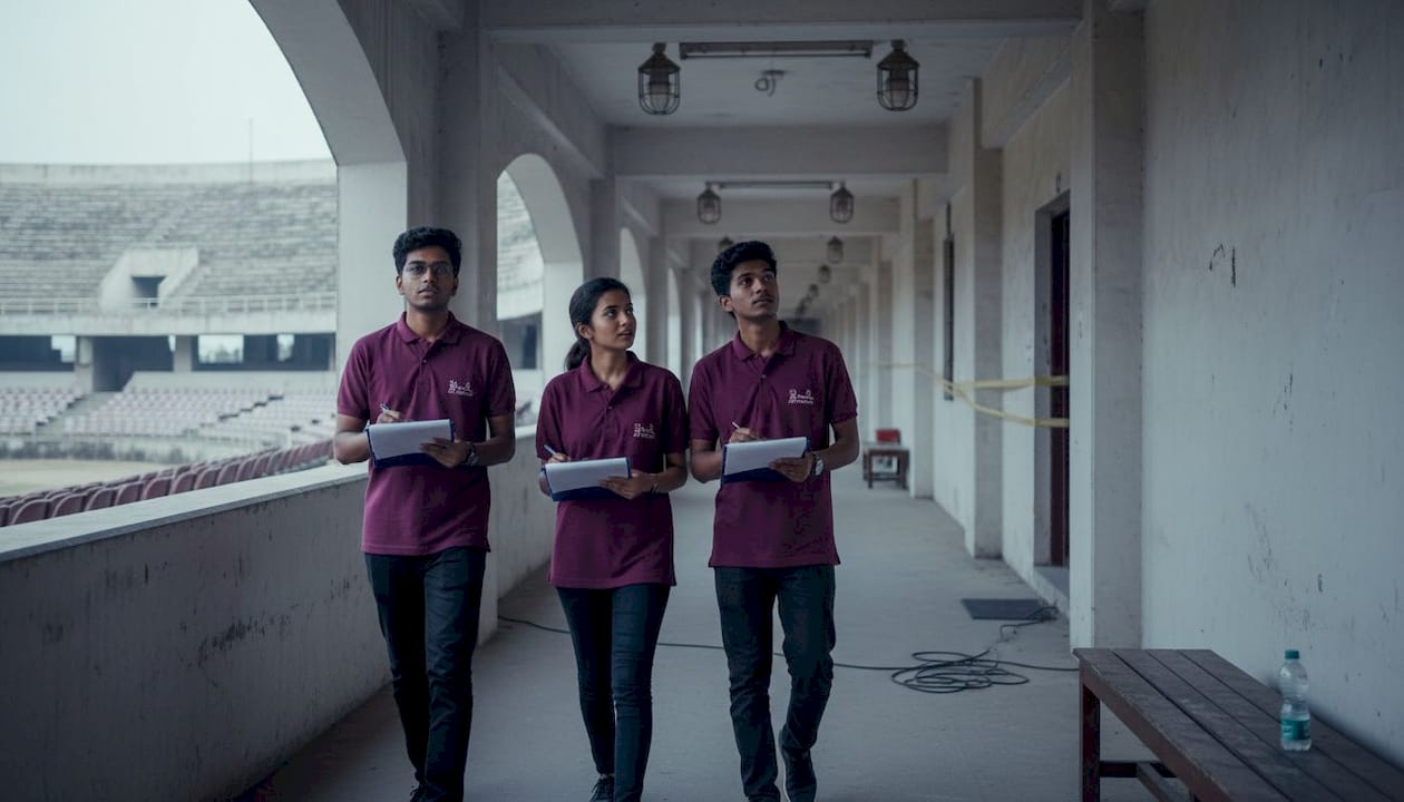 Logistics staff walking stadium corridor with checklists