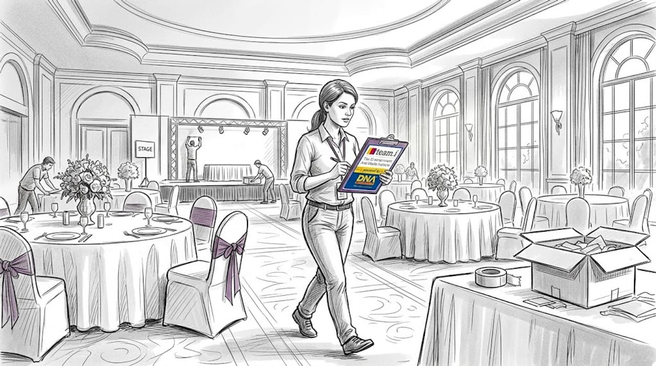 Event manager with clipboard in banquet hall