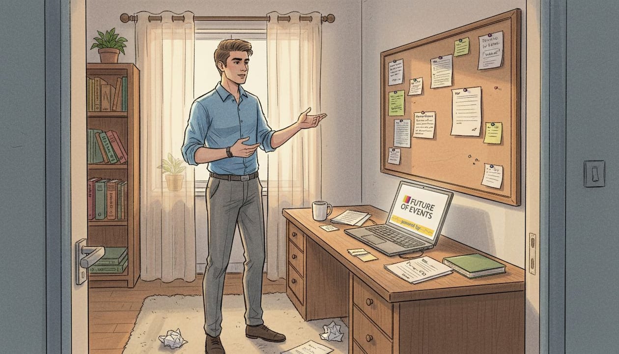 Person rehearsing a speech in a lived-in home office