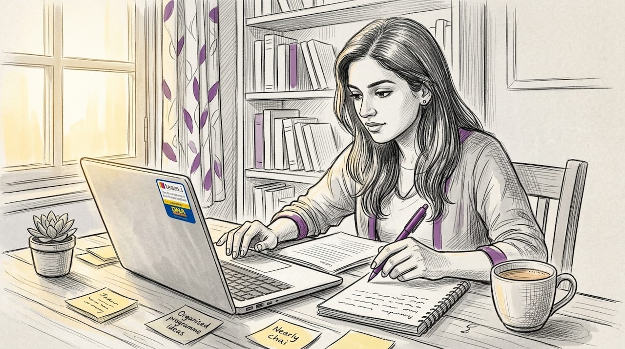 Person beginning a small work task at kitchen table