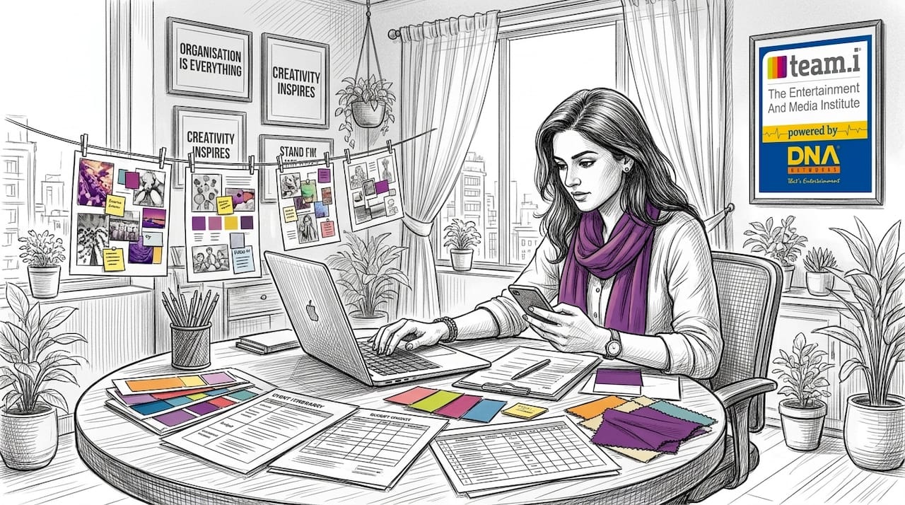 Busy event planner multitasking at cluttered office desk