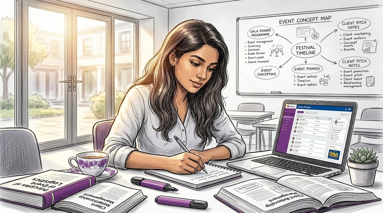 Student studying event management in classroom
