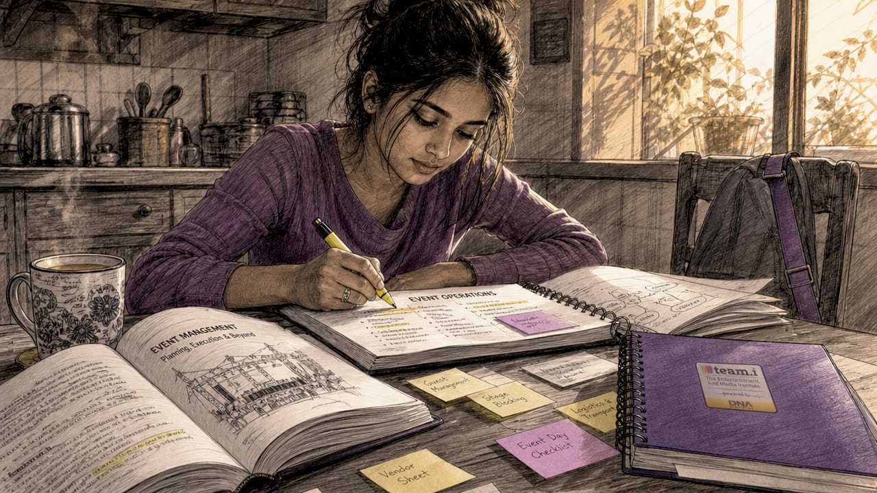 Student studying event management materials in library