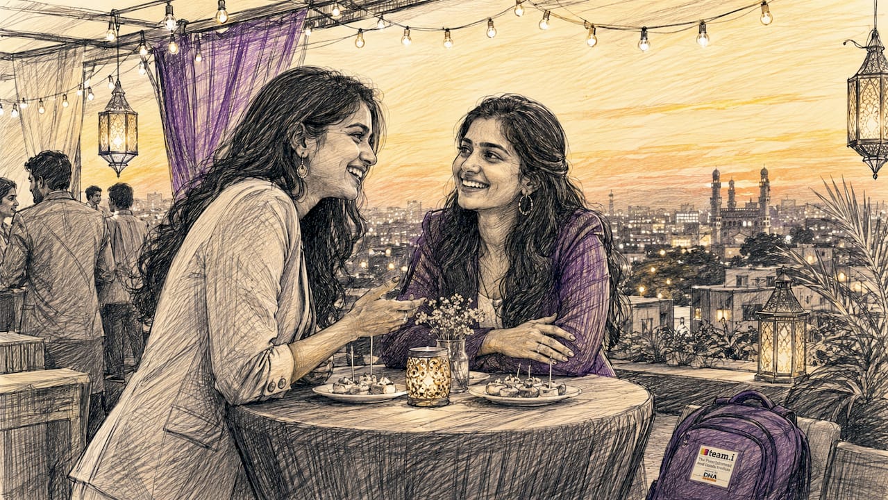 Young Indian women networking at rooftop event