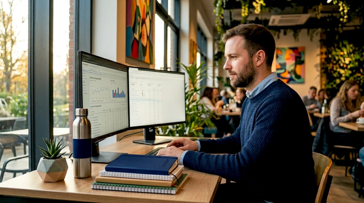 Analyst reviews Google Ads metrics in office